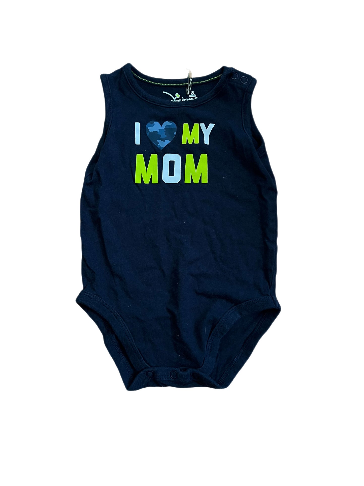Blue “I heart my mom” tank onesie, 9 months
