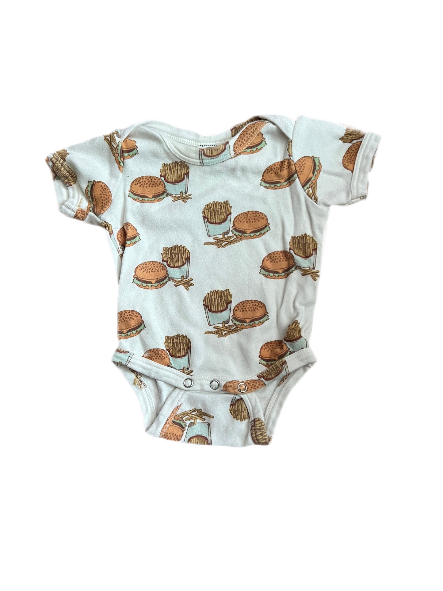 White cheeseburger and fries onesie, 0-3 months