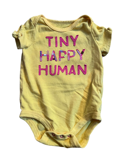 Yellow “tiny happy human” onesie, 0-3 months