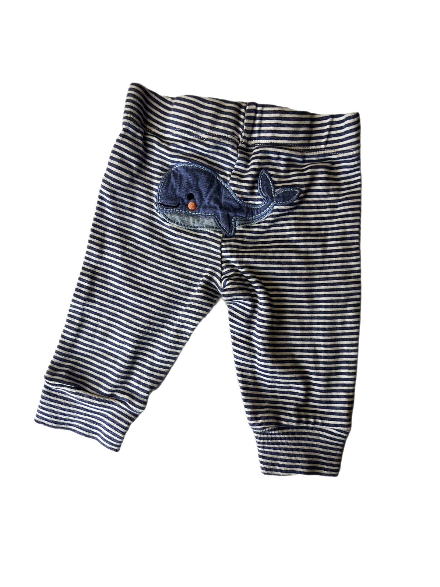 Blue and white striped whale pants, 0-3 months