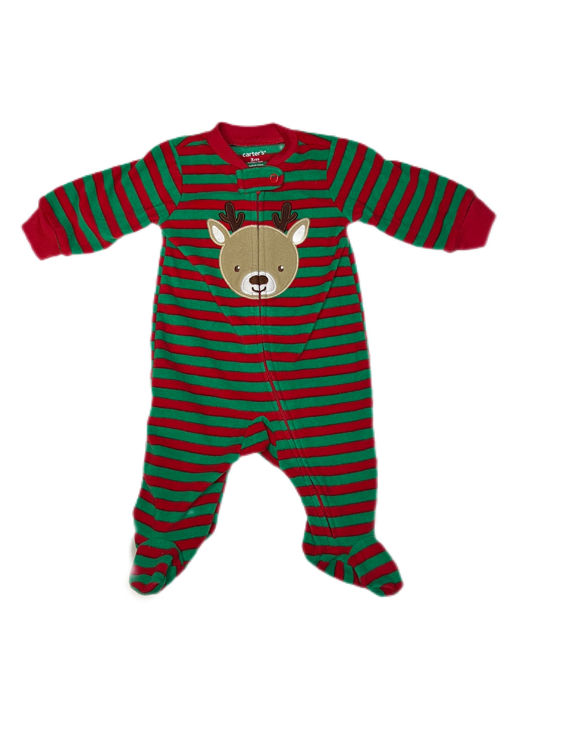 Red and green striped reindeer fleece sleeper, 6 months