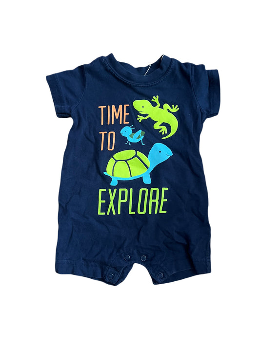 Blue “time to explore” romper, 0-3 months