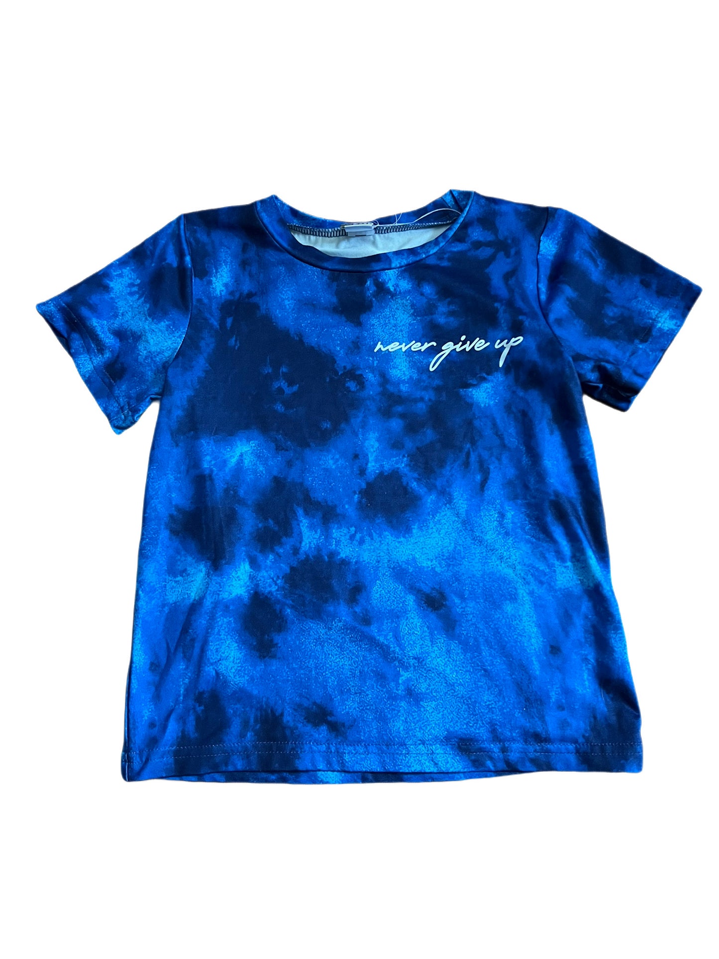 Blue tye dye “never give up” t-shirt, 110