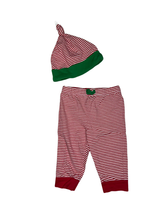 Red white and green pants/hat set, 9 months