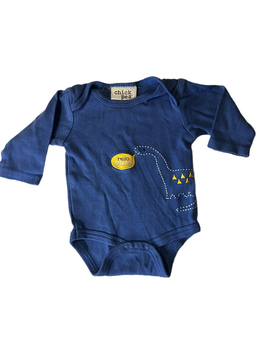 Blue Dino “hello friend” onesie, 0-3 months