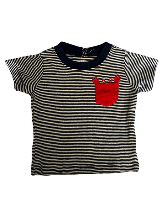 Blue and white striped t-shirt with a crab pocket, 12 months