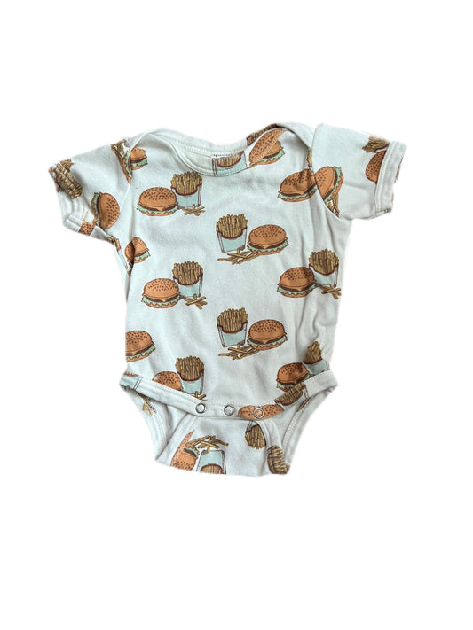 White cheeseburger and fries onesie, 0-3 months