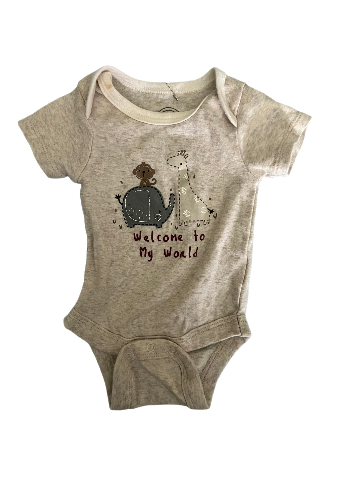 “Welcome to my world” animal onesie, newborn