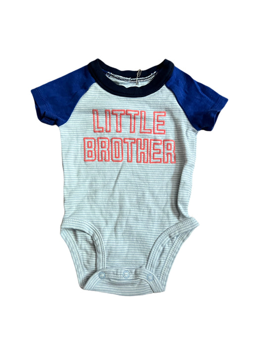 White, blue, orange “little brother” onesie, 3 month