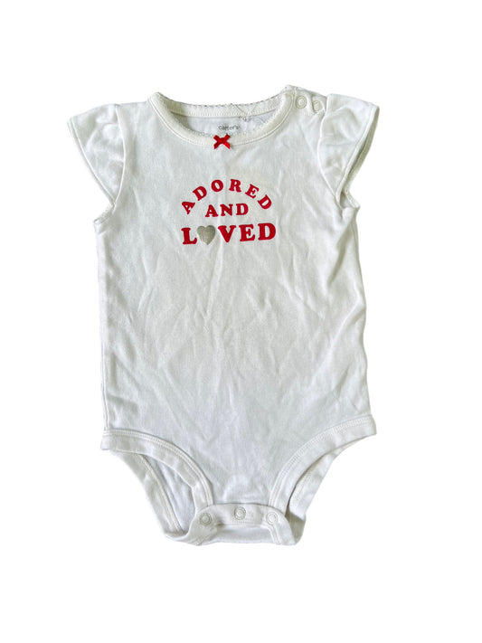 White “adored and loved” onesie, 9 month