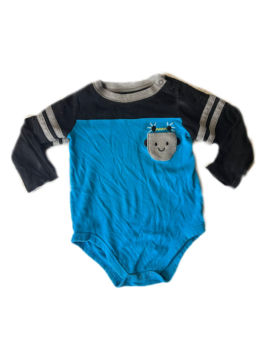 Blue robot pocket onesie, 24 months