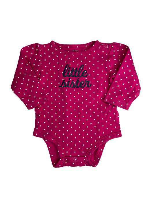 Pink polka dot “little sister” onesie, 9 months