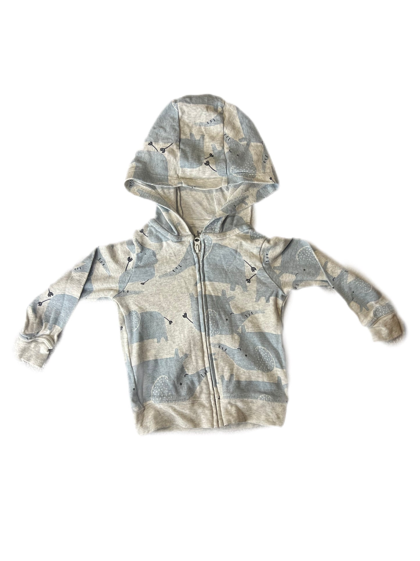 Gray elephant zip hoodie, 3-6 months
