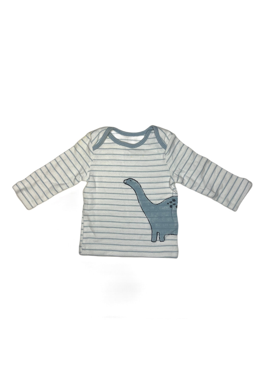 White and blue stripe Dino shirt, 3 months