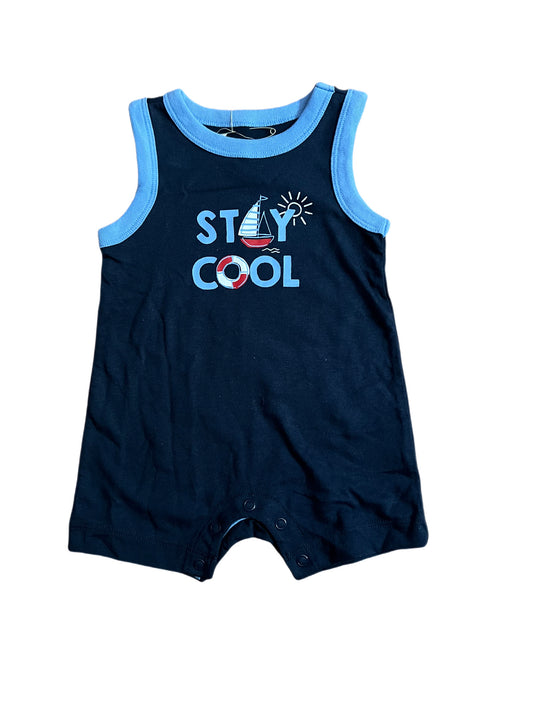 Blue “stay cool” romper, 3-6 months