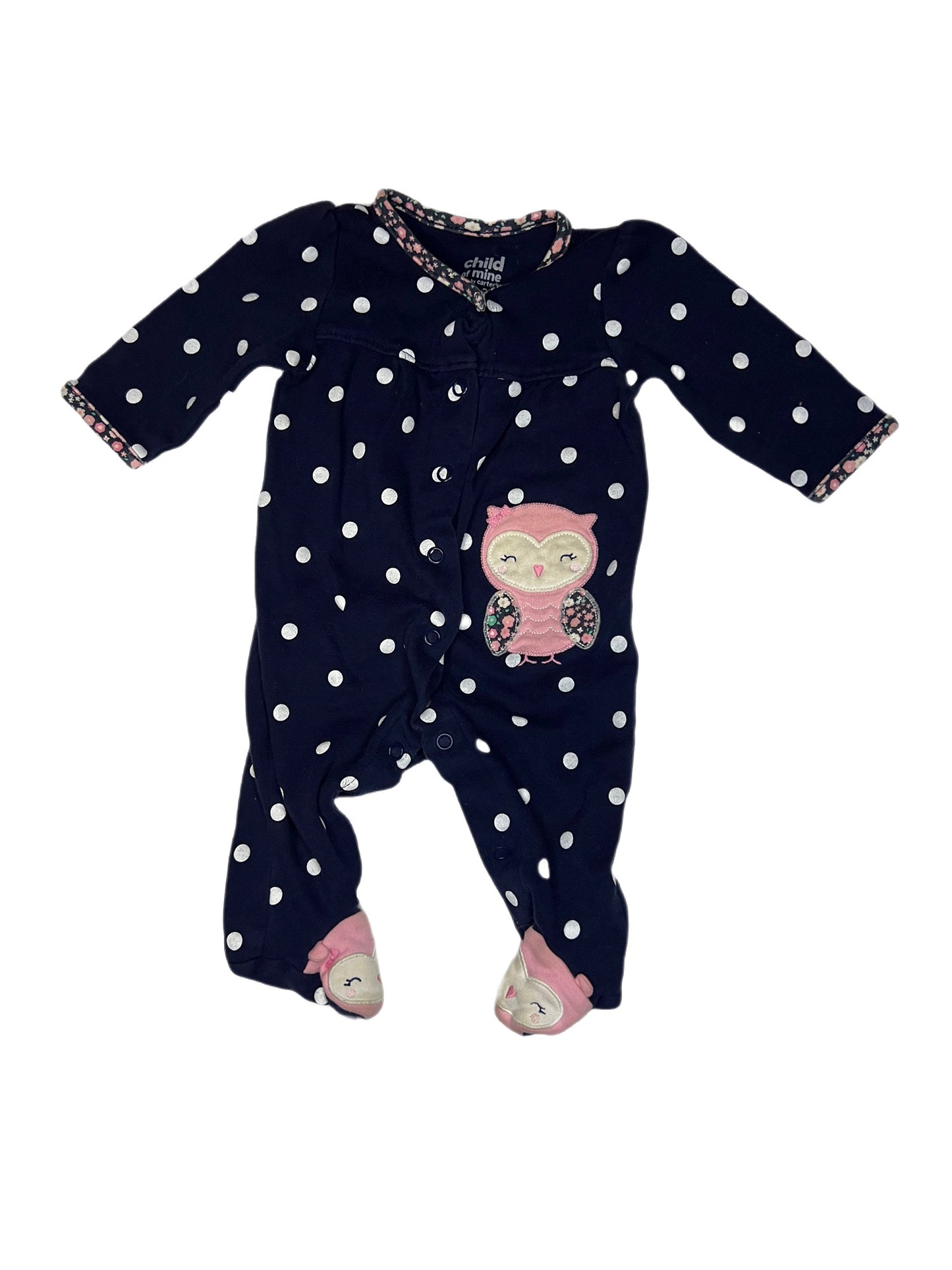 Blue polka dot owl button up fleece sleeper, 0-3 months