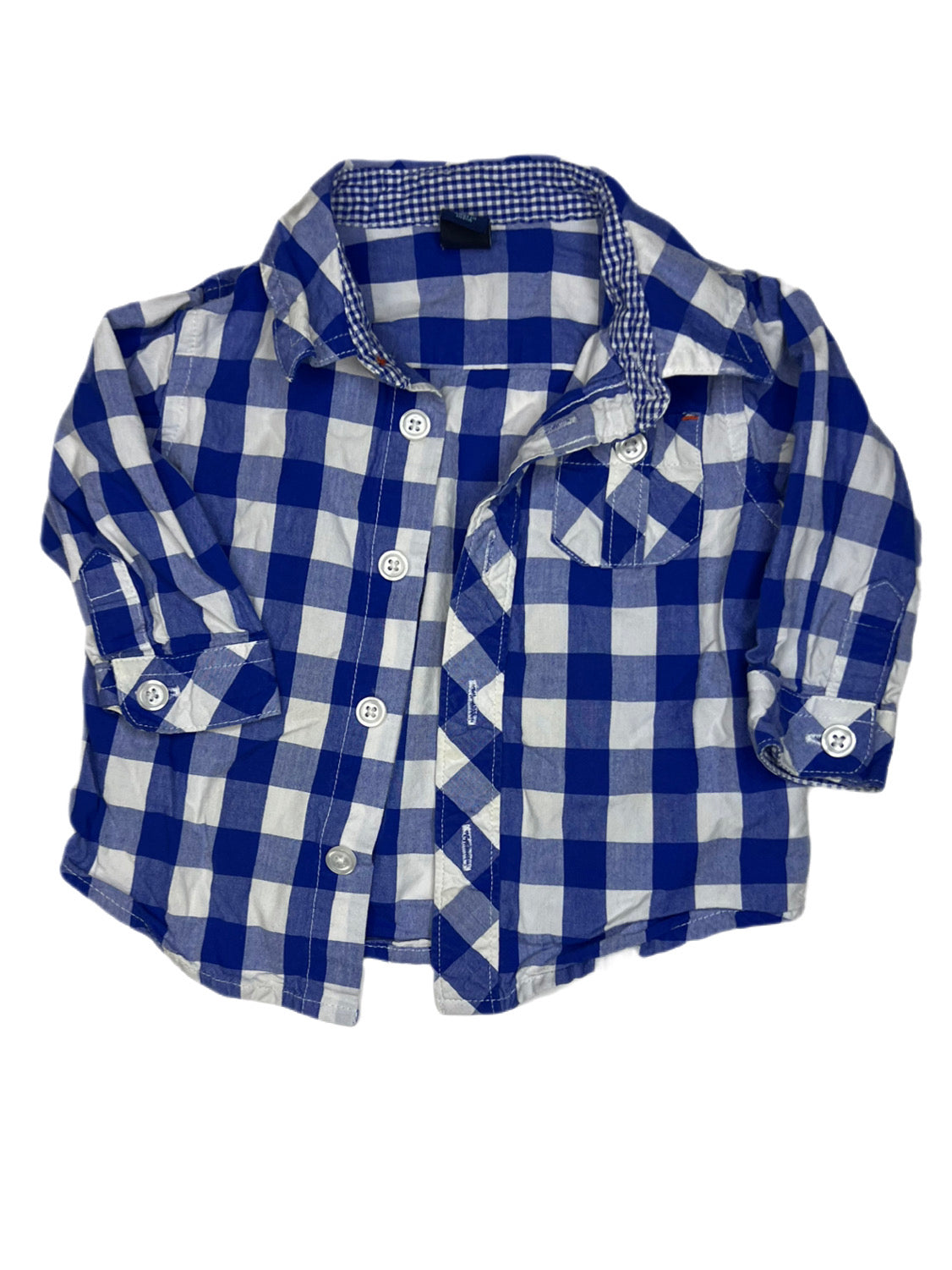 Blue and white checkered button up, 3-6 months