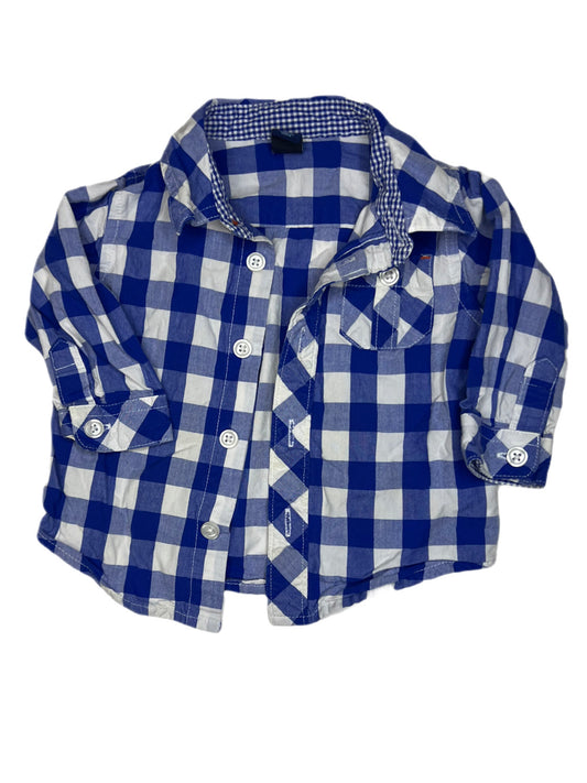 Blue and white checkered button up, 3-6 months