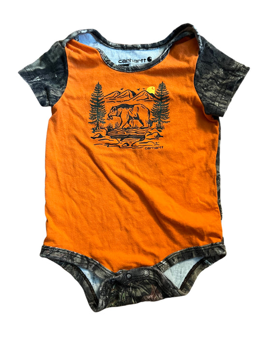 Orange and camo onesie, 9 months