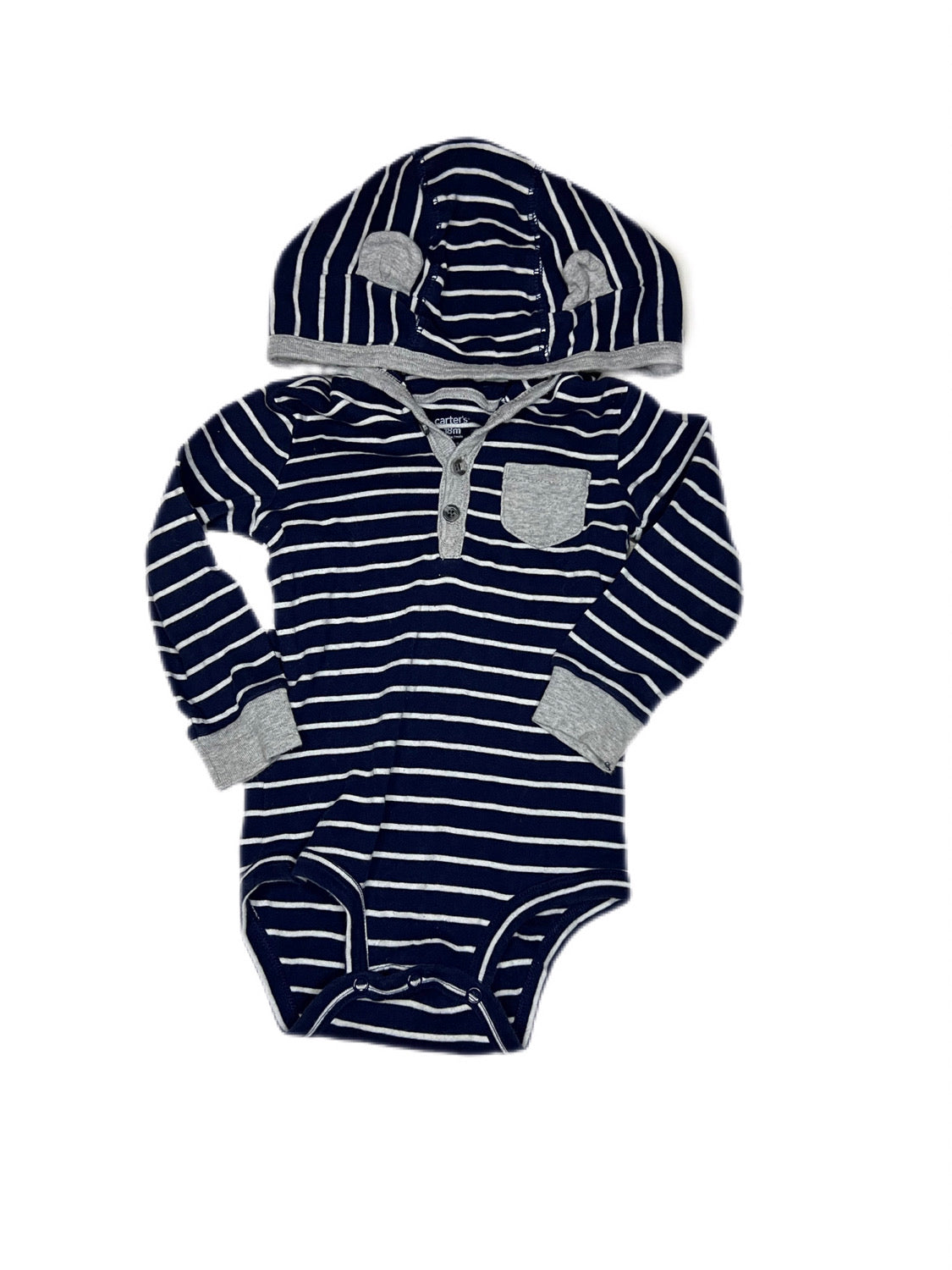 Blue and white striped hooded onesie, 18 months