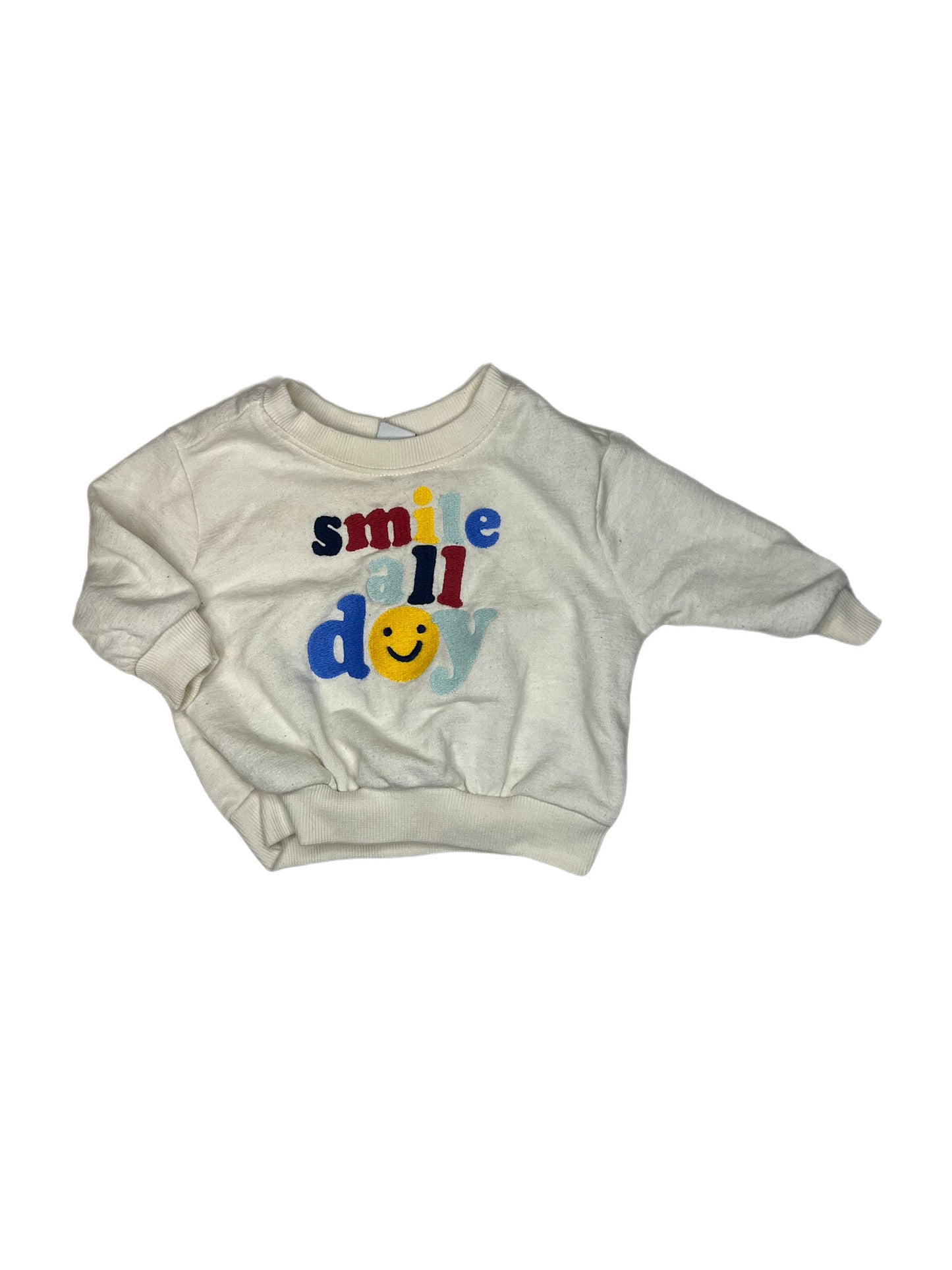 White “smile all day” crewneck, 0-3 months