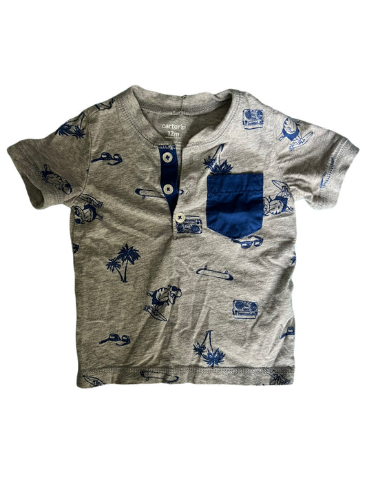 Gray and blue beachy dinosaur t-shirt, 12 months