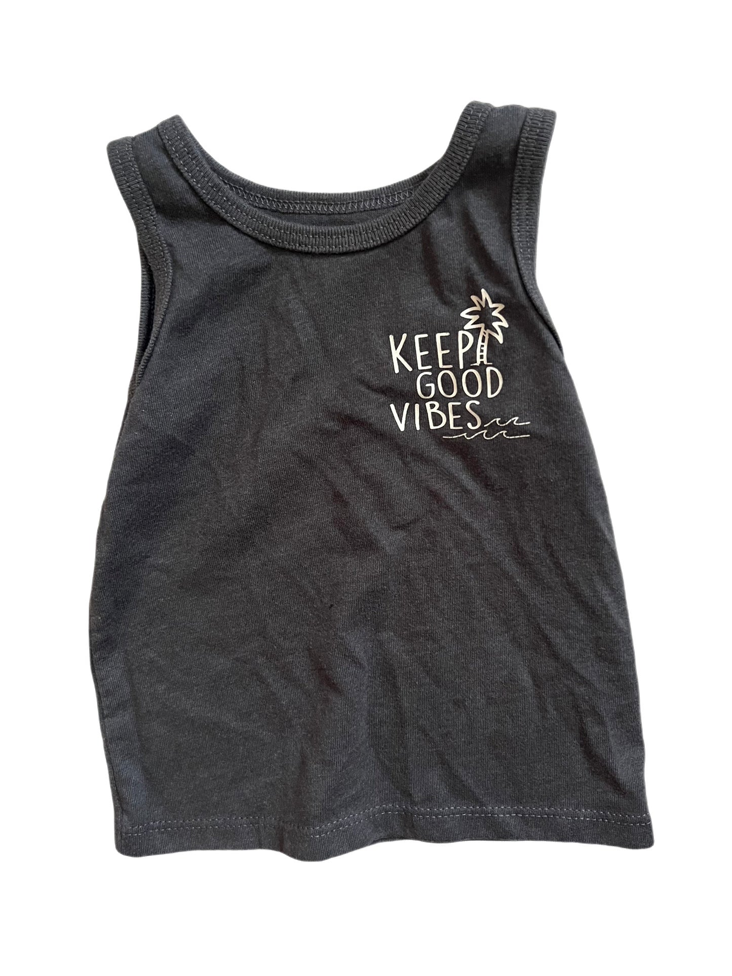 Gray “keep good vibes” tank, 12 months